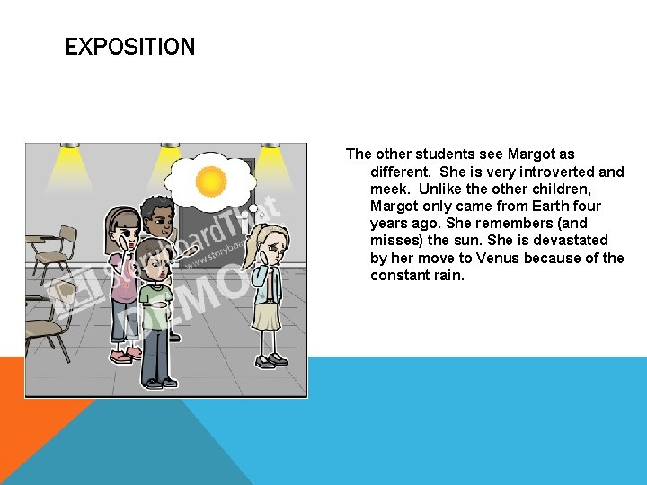 EXPOSITION The other students see Margot as different. She is very introverted and meek.