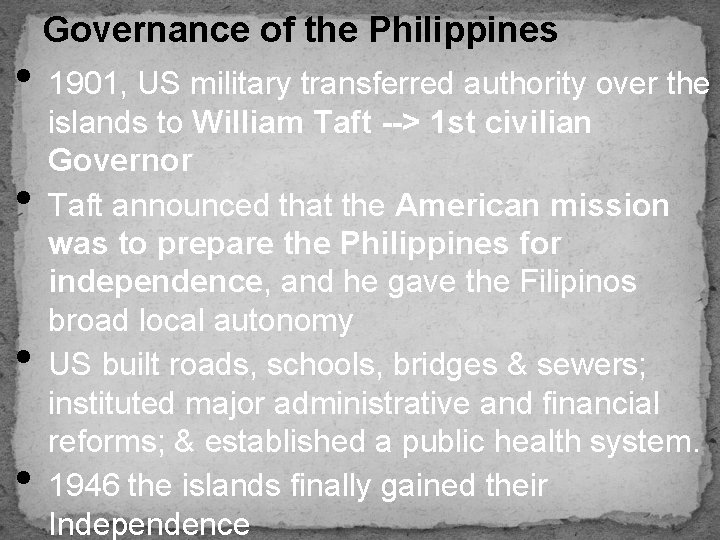 Governance of the Philippines • 1901, US military transferred authority over the • •