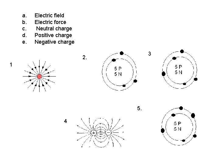 a. b. c. d. e. Electric field Electric force Neutral charge Positive charge Negative