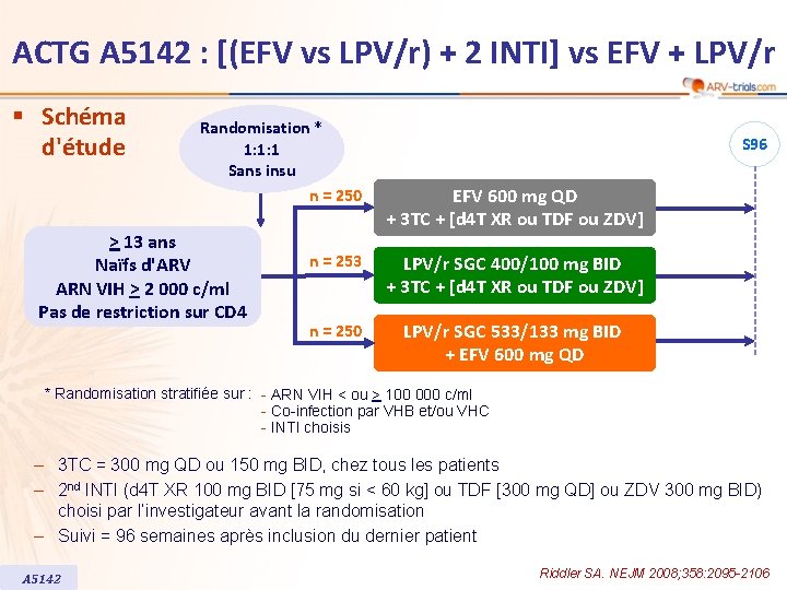 ACTG A 5142 : [(EFV vs LPV/r) + 2 INTI] vs EFV + LPV/r