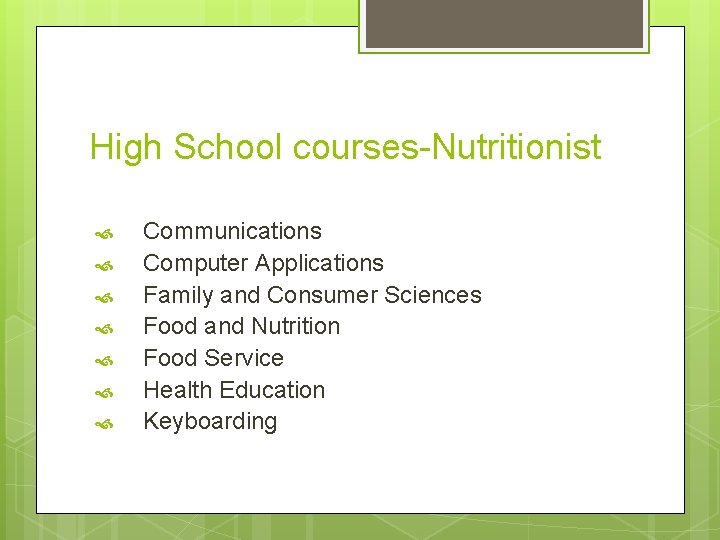 High School courses-Nutritionist Communications Computer Applications Family and Consumer Sciences Food and Nutrition Food