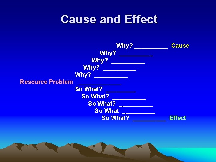 Cause and Effect Why? _____ Cause Why? __________ Resource Problem _______ So What? __________