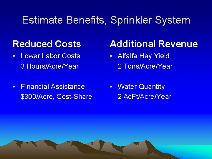 Estimate Benefits, Sprinkler System Reduced Costs Additional Revenue • Lower Labor Costs 3 Hours/Acre/Year