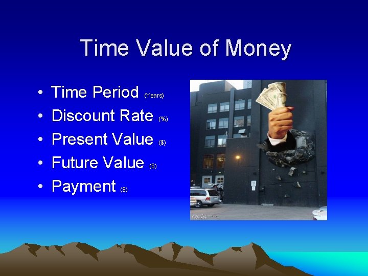 Time Value of Money • • • Time Period Discount Rate Present Value Future