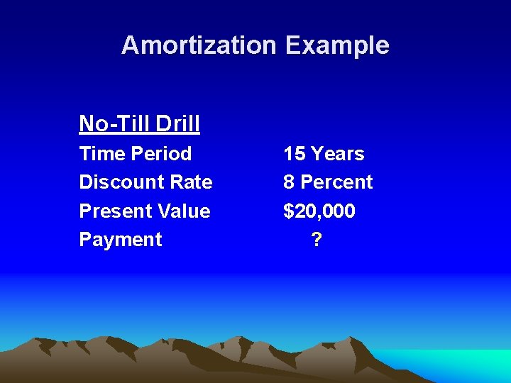 Amortization Example No-Till Drill Time Period Discount Rate Present Value Payment 15 Years 8