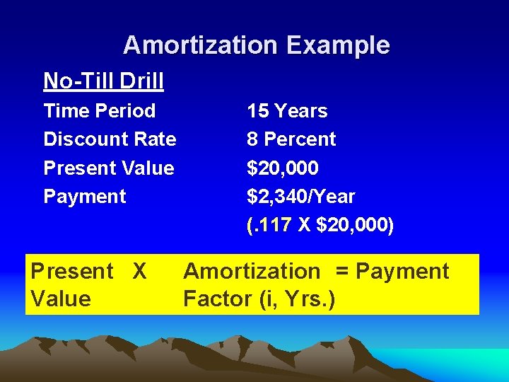 Amortization Example No-Till Drill Time Period Discount Rate Present Value Payment Present X Value