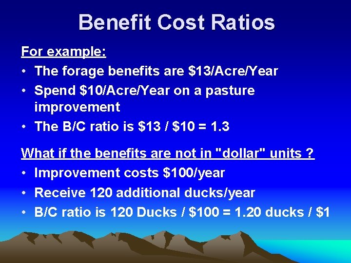 Benefit Cost Ratios For example: • The forage benefits are $13/Acre/Year • Spend $10/Acre/Year