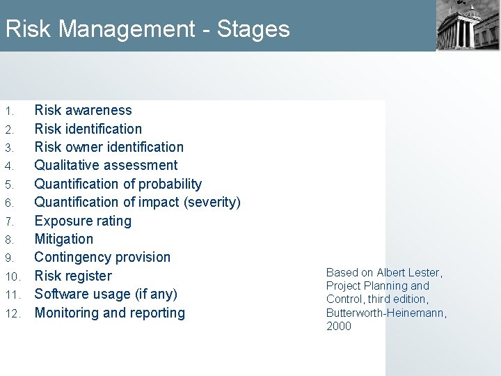 Risk Management - Stages Risk awareness 2. Risk identification 3. Risk owner identification 4.