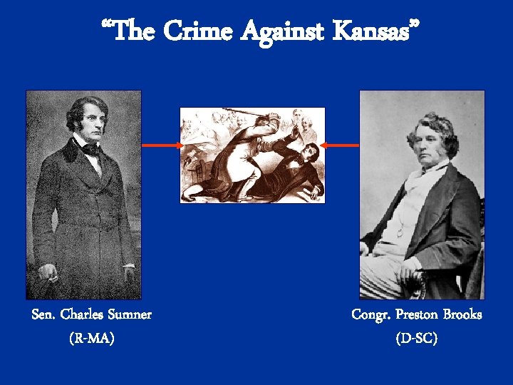 “The Crime Against Kansas” Sen. Charles Sumner (R-MA) Congr. Preston Brooks (D-SC) 