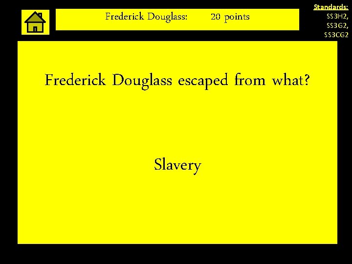 Frederick Douglass: 20 points Frederick Douglass escaped from what? Slavery Standards: SS 3 H Frederick Douglass: 20 points Frederick Douglass escaped from what? Slavery Standards: SS 3 H