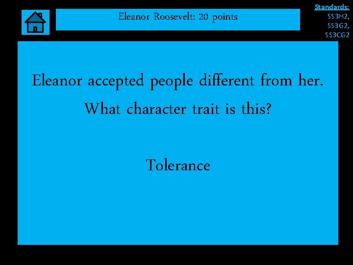 Eleanor Roosevelt: 20 points Standards: SS 3 H 2, SS 3 G 2, SS Eleanor Roosevelt: 20 points Standards: SS 3 H 2, SS 3 G 2, SS