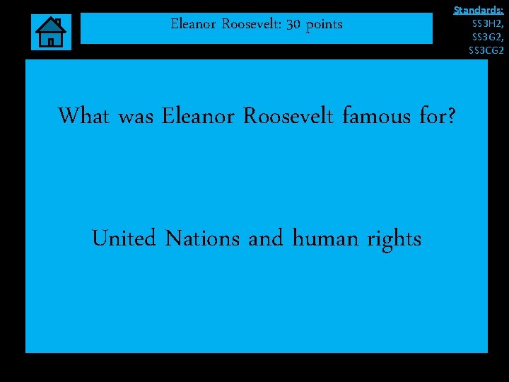 Eleanor Roosevelt: 30 points Standards: SS 3 H 2, SS 3 G 2, SS Eleanor Roosevelt: 30 points Standards: SS 3 H 2, SS 3 G 2, SS