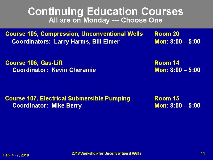 Continuing Education Courses All are on Monday --- Choose One Course 105, Compression, Unconventional