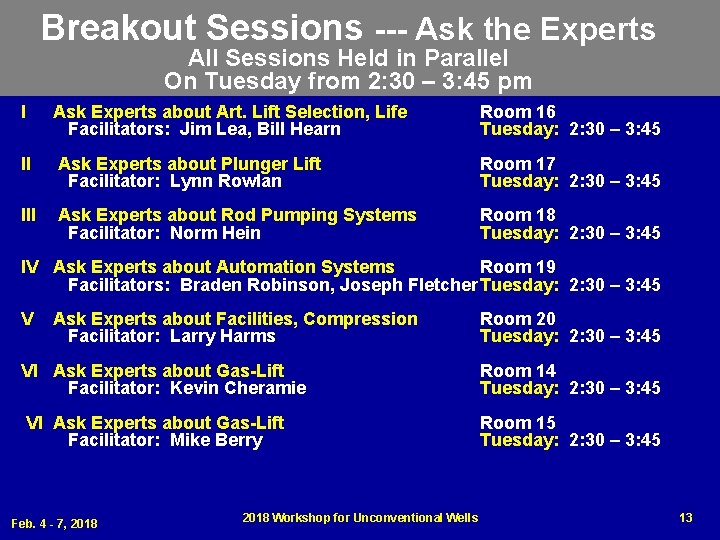 Breakout Sessions --- Ask the Experts All Sessions Held in Parallel On Tuesday from