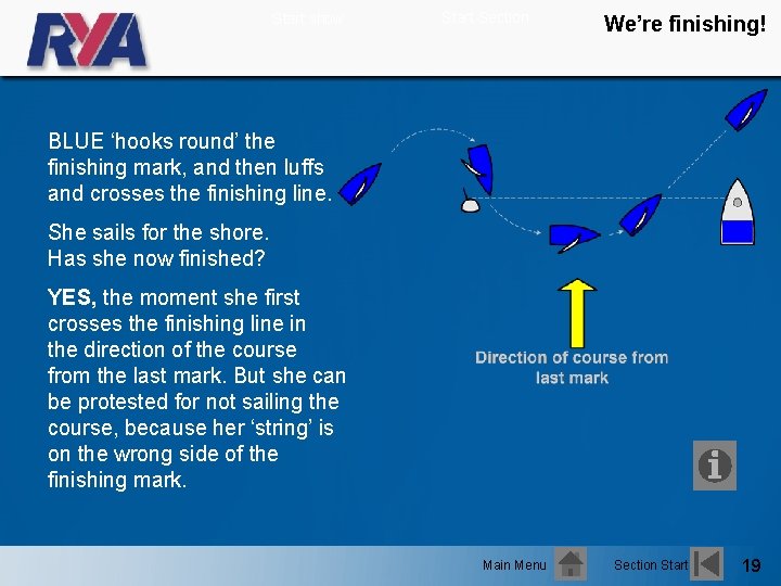 Start show Start Section We’re finishing! BLUE ‘hooks round’ the finishing mark, and then