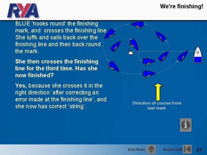 Start show Start Section We’re finishing! BLUE ‘hooks round’ the finishing mark, and crosses