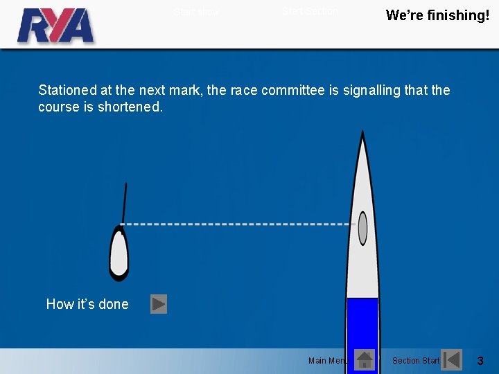 Start show Start Section We’re finishing! Stationed at the next mark, the race committee