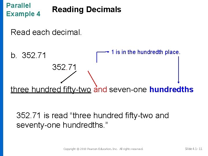 Parallel Example 4 Reading Decimals Read each decimal. 1 is in the hundredth place.