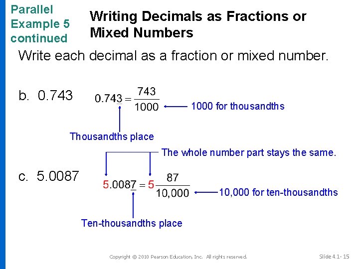 Parallel Example 5 continued Writing Decimals as Fractions or Mixed Numbers Write each decimal