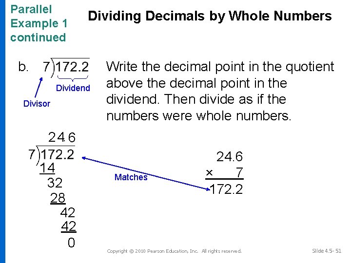 Parallel Example 1 continued Dividing Decimals by Whole Numbers b. Dividend Divisor Write the