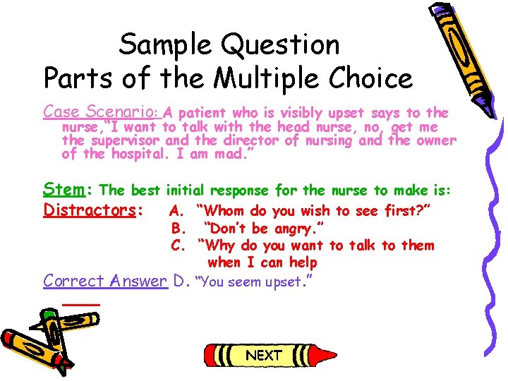 Sample Question Parts of the Multiple Choice Case Scenario: A patient who is visibly