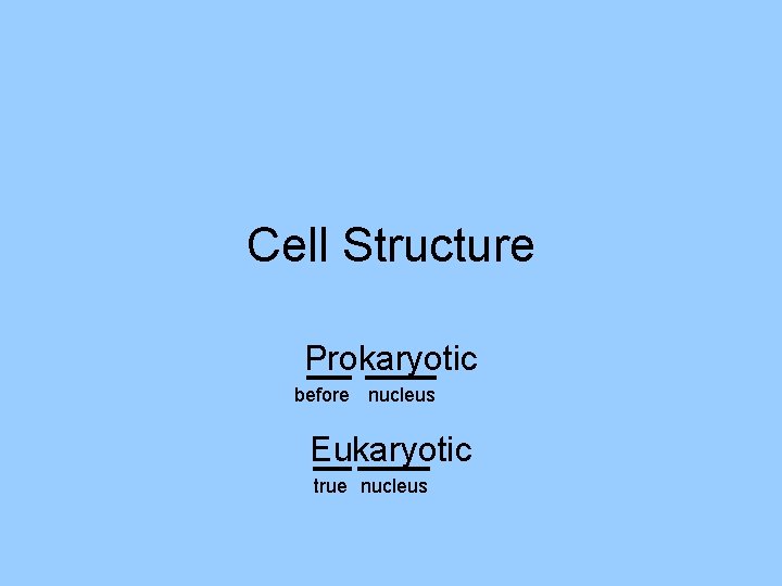 Cell Structure Prokaryotic before nucleus Eukaryotic true nucleus 