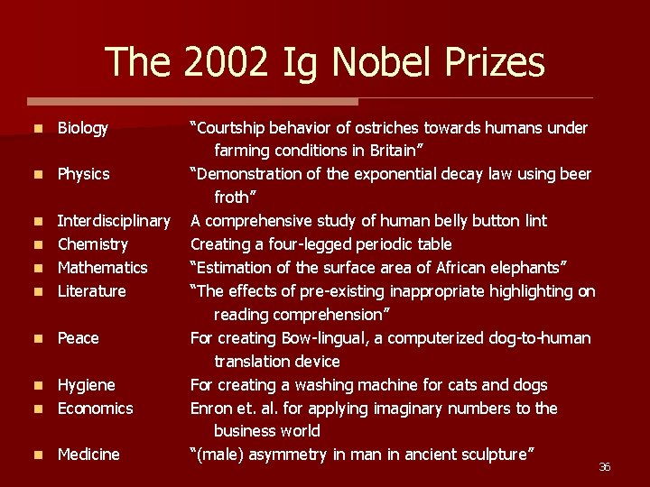 The 2002 Ig Nobel Prizes n Biology n Physics Interdisciplinary n Chemistry n Mathematics