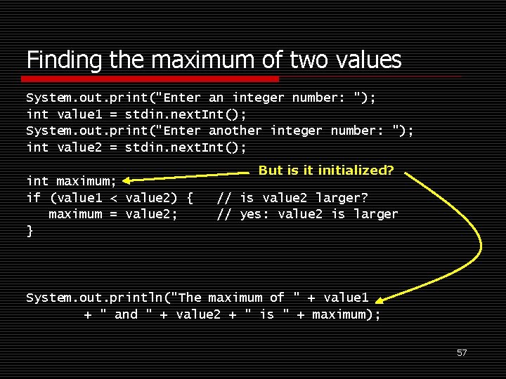 Finding the maximum of two values System. out. print("Enter an integer number: "); int