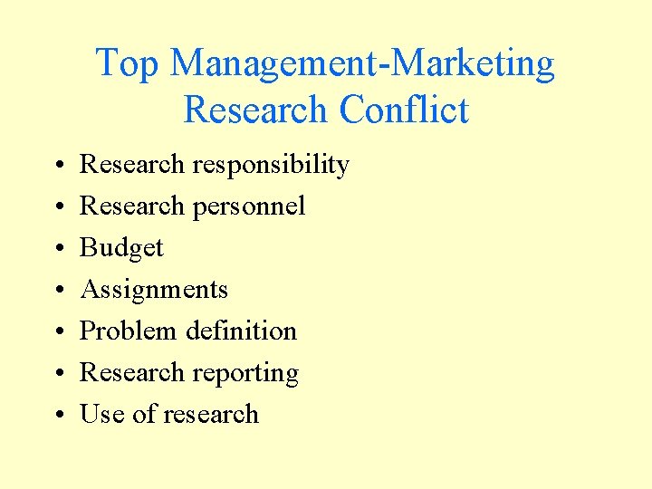 Top Management-Marketing Research Conflict • • Research responsibility Research personnel Budget Assignments Problem definition