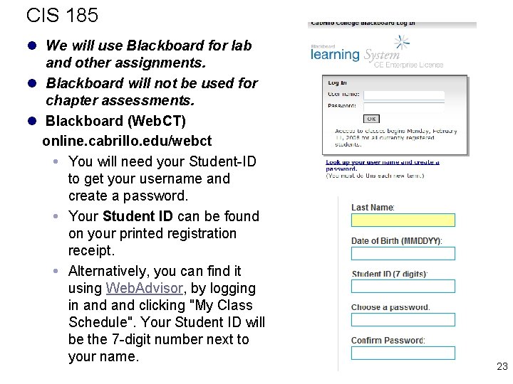 CIS 185 l We will use Blackboard for lab and other assignments. l Blackboard CIS 185 l We will use Blackboard for lab and other assignments. l Blackboard