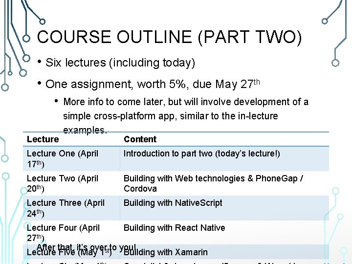 COURSE OUTLINE (PART TWO) • Six lectures (including today) • One assignment, worth 5%,