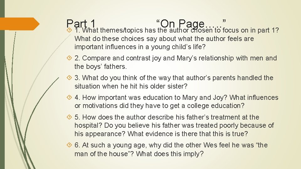 Part 1 “On Page…. . ” 1. What themes/topics has the author chosen to