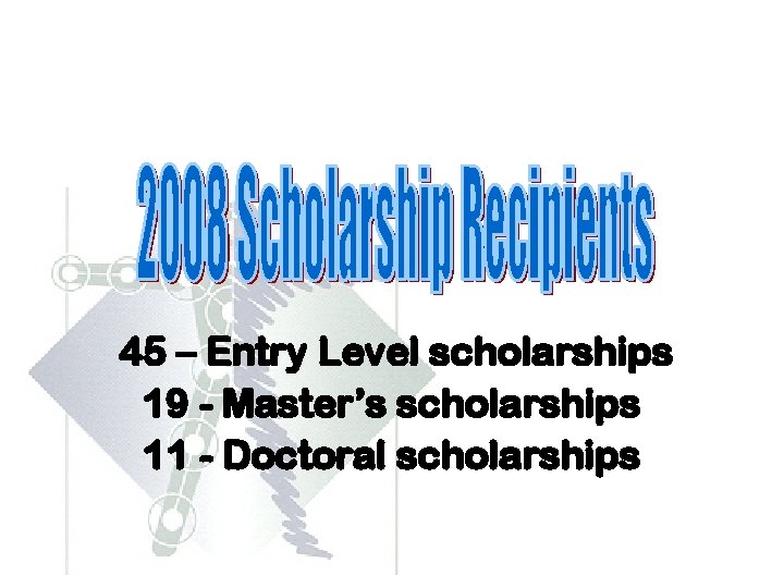 45 – Entry Level scholarships 19 - Master’s scholarships 11 - Doctoral scholarships 