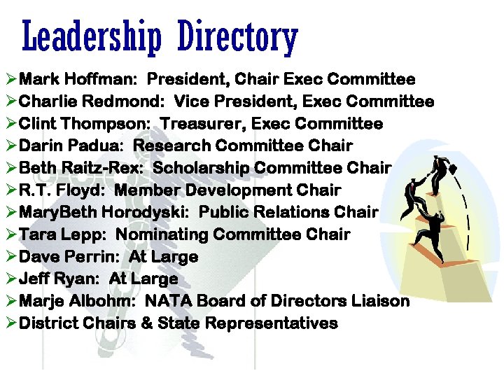 Leadership Directory ØMark Hoffman: President, Chair Exec Committee ØCharlie Redmond: Vice President, Exec Committee