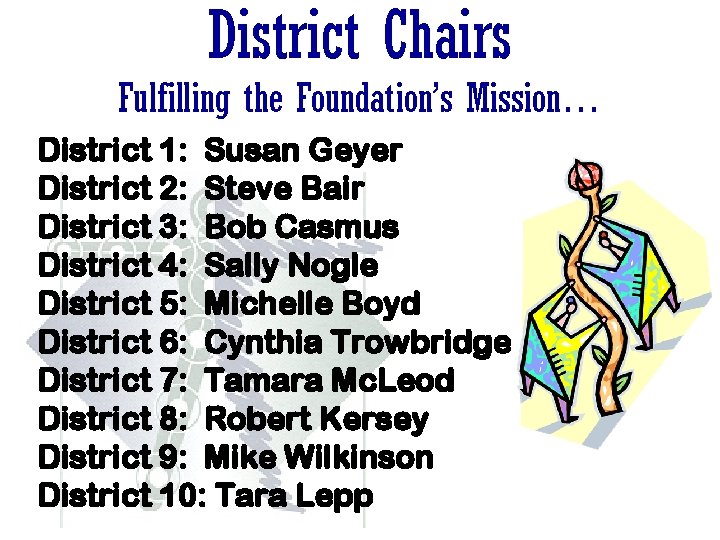 District Chairs Fulfilling the Foundation’s Mission… District 1: Susan Geyer District 2: Steve Bair