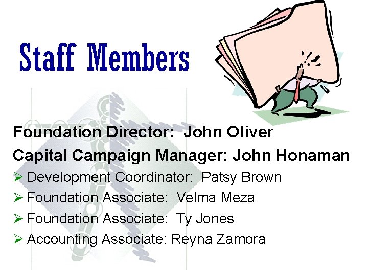 Staff Members Foundation Director: John Oliver Capital Campaign Manager: John Honaman Ø Development Coordinator: