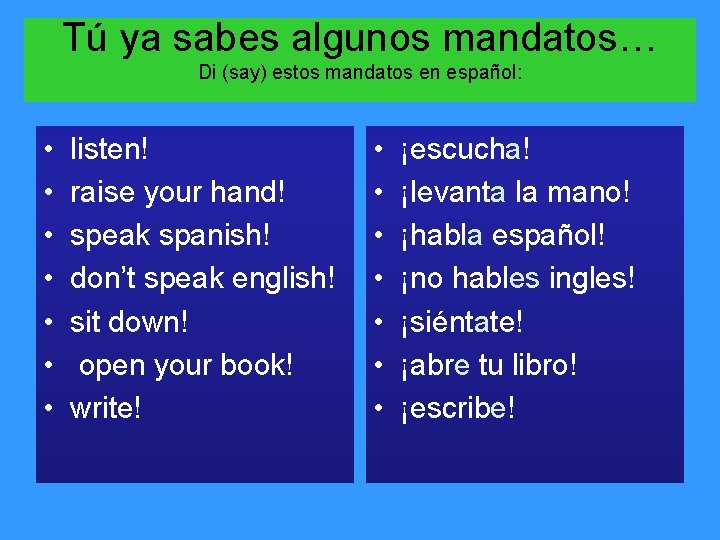 Tú ya sabes algunos mandatos… Di (say) estos mandatos en español: • • listen!
