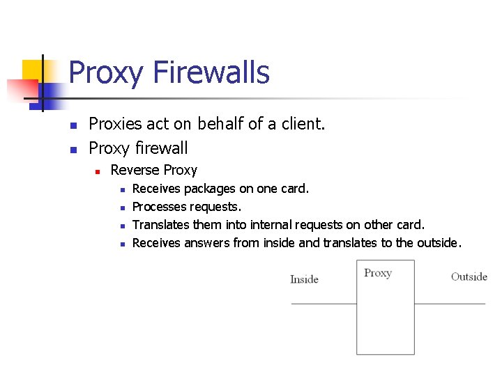 Proxy Firewalls n n Proxies act on behalf of a client. Proxy firewall n