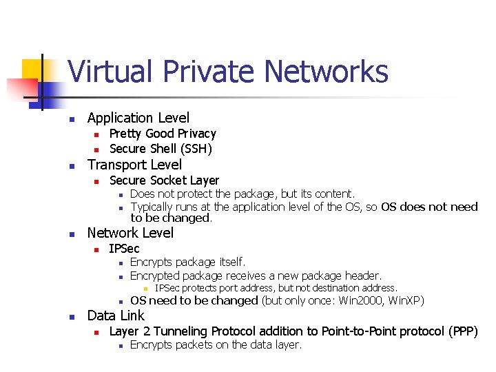 Virtual Private Networks n Application Level n n n Pretty Good Privacy Secure Shell