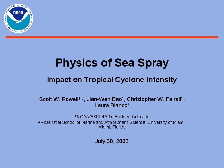Physics of Sea Spray Impact on Tropical Cyclone Intensity Scott W. Powell 1, 2,