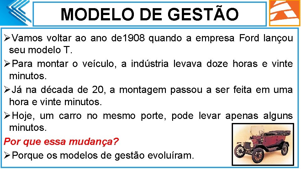 MODELO DE GESTÃO ØVamos voltar ao ano de 1908 quando a empresa Ford lançou