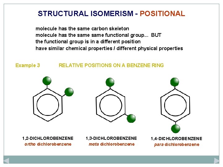 STRUCTURAL ISOMERISM - POSITIONAL molecule has the same carbon skeleton molecule has the same