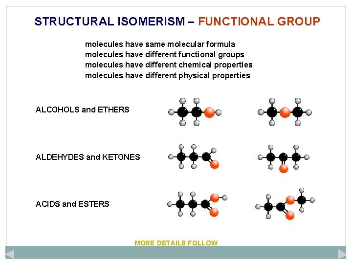 STRUCTURAL ISOMERISM – FUNCTIONAL GROUP molecules have same molecular formula molecules have different functional