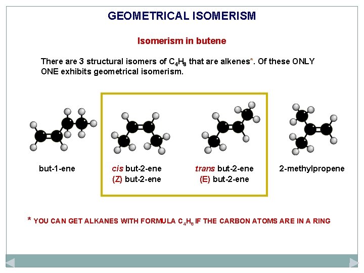 GEOMETRICAL ISOMERISM Isomerism in butene There are 3 structural isomers of C 4 H