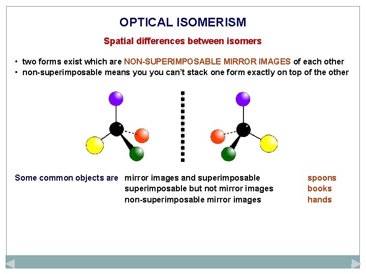 OPTICAL ISOMERISM Spatial differences between isomers • two forms exist which are NON-SUPERIMPOSABLE MIRROR