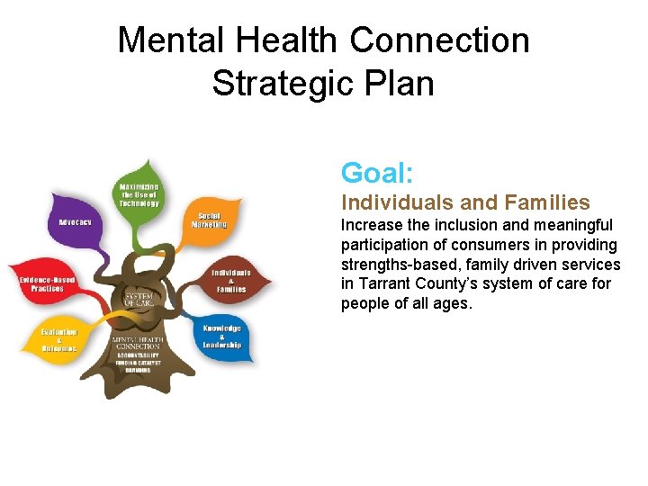Mental Health Connection Strategic Plan Goal: Individuals and Families Increase the inclusion and meaningful