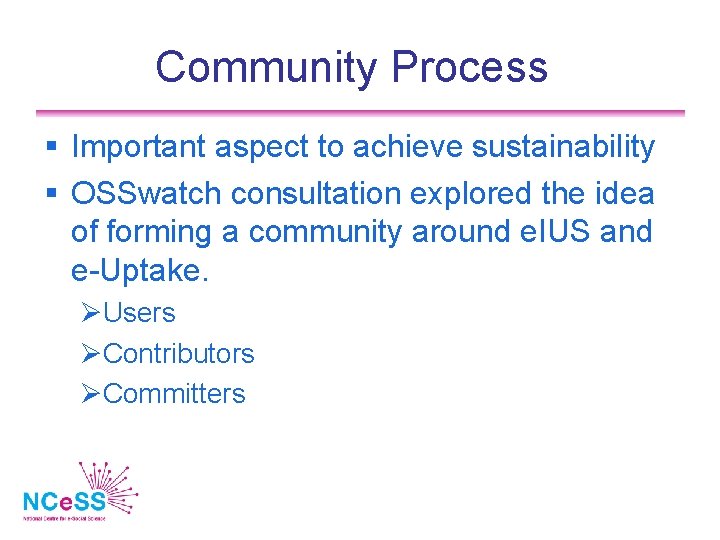 Community Process Important aspect to achieve sustainability OSSwatch consultation explored the idea of forming