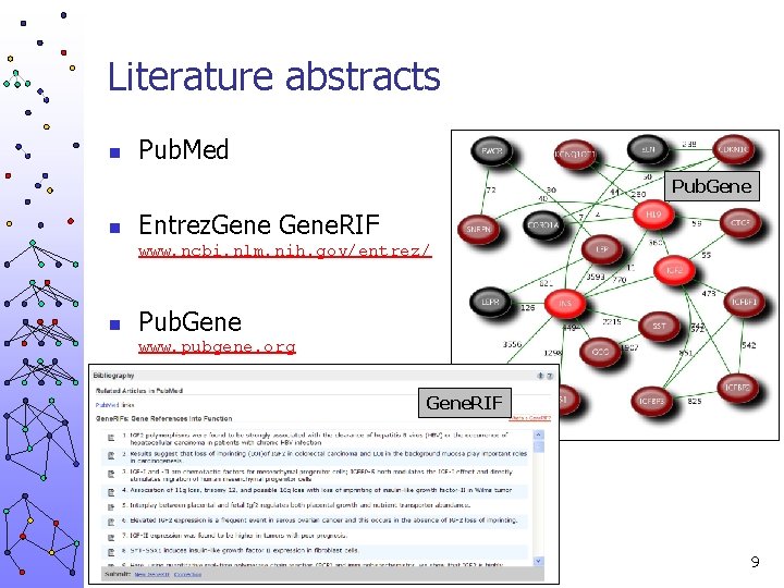 Literature abstracts n Pub. Med Pub. Gene n Entrez. Gene. RIF www. ncbi. nlm.