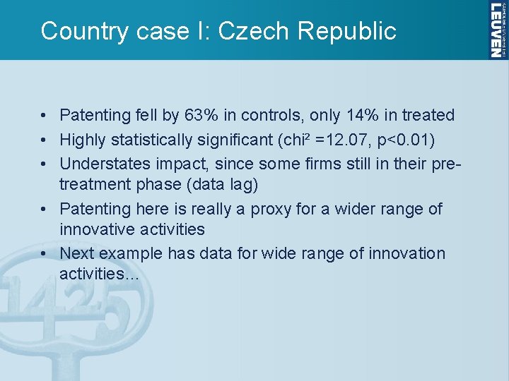 Country case I: Czech Republic • Patenting fell by 63% in controls, only 14%