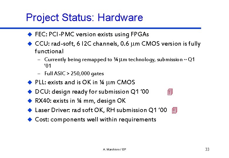 Project Status: Hardware u u FEC: PCI-PMC version exists using FPGAs CCU: rad-soft, 6